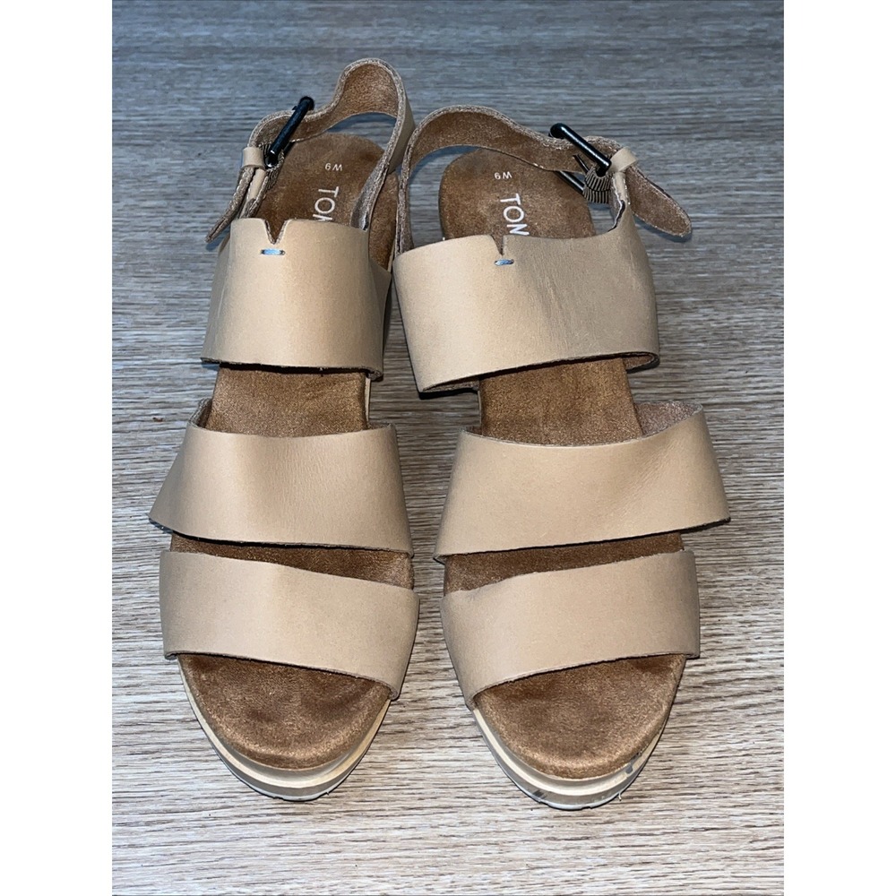 TOMS Ava Platform Heeled Strappy Sandal Women's Size 9 Tan Leather Summer